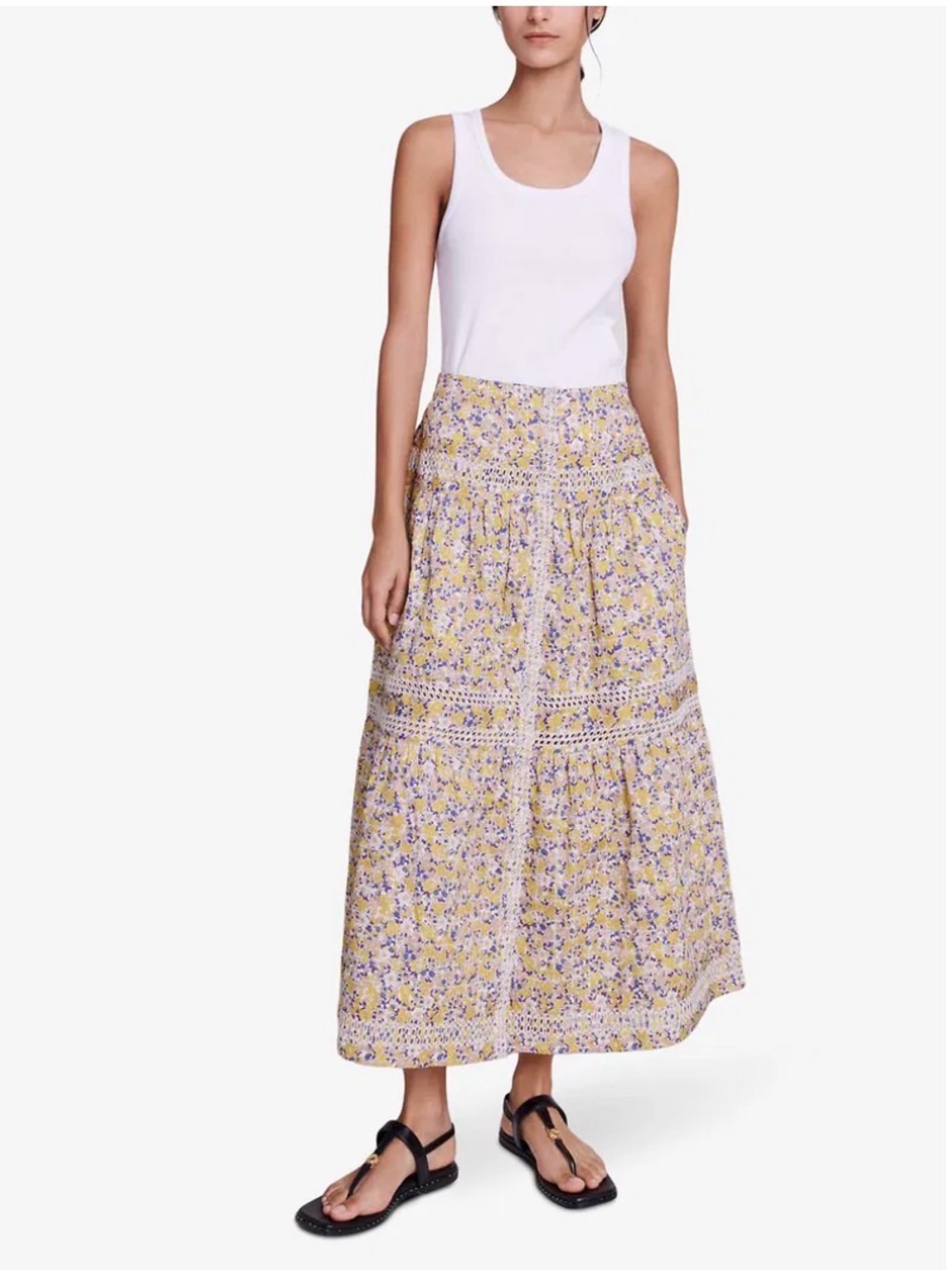 Maje Floral Print Elasticized Waist Cotton Maxi Skirt Size 42 (US 10)
